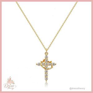 14K Gold Plated Cross Pendant Necklace with Paperclip Chain